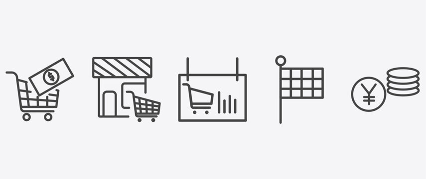 commerce and marketing icon set with shopping store, , checkered, yens coins stack signs in flat outline style