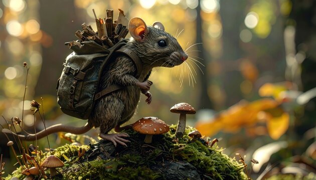 A mouse with a backpack and a bundle of sticks standing on a mossy log in a forest