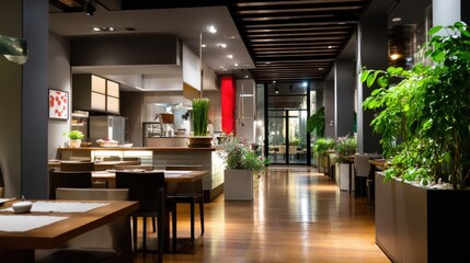Fototapeta premium Elegant Modern Restaurant Interior with Wood Accents and Beautiful Greenery at Night