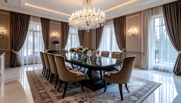 Elegant dining room features a long table, chandelier, and plush seating, exuding luxury