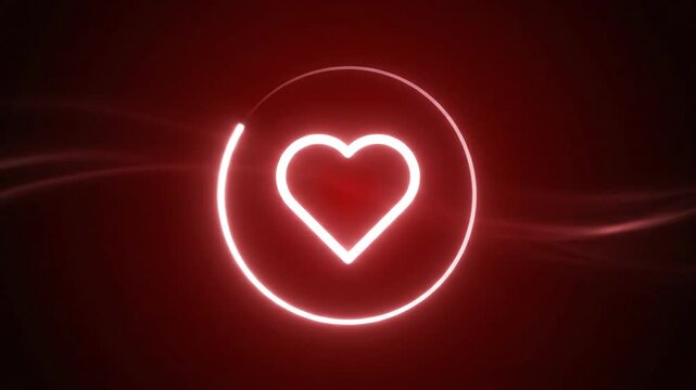 Glowing red heart symbol shines within a circle on dark background