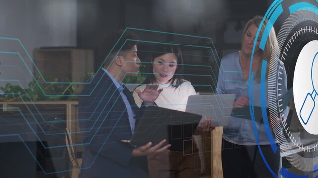 Business team finishing docs, man showing folio causing circuit HUD rotating, woman using laptop
