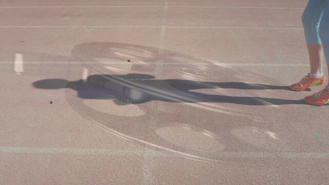 Runner entering from right shifting and bouncing, casting long shadow under gear overlay warming up
