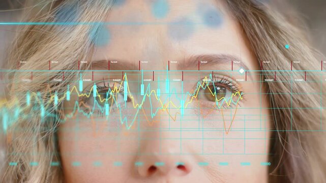 Adult woman opening eyes in closeup, activating HUD waves, markers syncing with gaze for tech demo