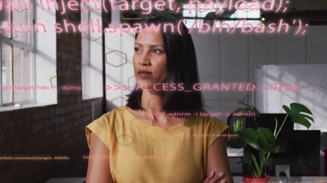Female pro standing in tech, code overlay moving on torso, camera tightening, showing system access