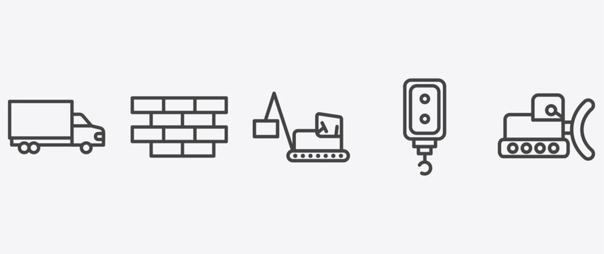construction icon set with brickwall, derrick with box, pulley hook, bulldozer signs in flat outline style