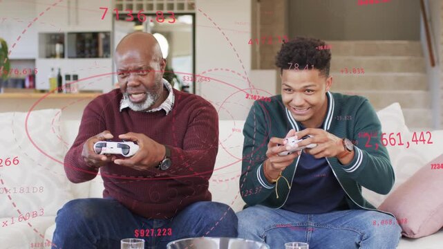 Senior pressing buttons, younger leaning in, competing in gaming match, red overlay obscuring faces