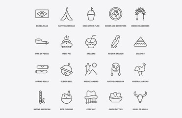 culture and civilization icon set with brazil flag, native american wigwam, cake with a flag, spring rolls signs in flat outline style © Abstract