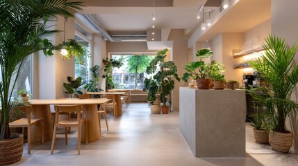 Fototapeta premium Cozy and Inviting Interior of a Modern Café Filled with Green Plants and Natural Light