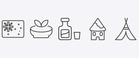 culture and civilization icon set with gazpacho, orujo, indian village, native american wigwam signs in flat outline style © Abstract