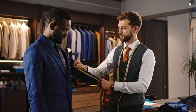 A tailor measures the arm of a client in a tailored suit, clothing store background