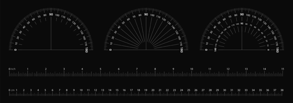 Angle protractor and meter ruler vector. Round 180 degree measure scale for math graphic. Accurate simple semicircle gauge and engineer draw gadget. Metric length rule and geometrical circular tool