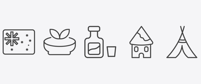 culture and civilization icon set with gazpacho, orujo, indian village, native american wigwam signs in flat outline style