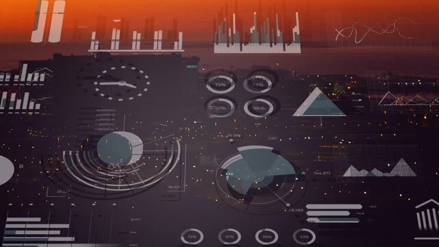 Overlay fading in over dusk skyline, radial chart growing, charts pulsing, cycling city data
