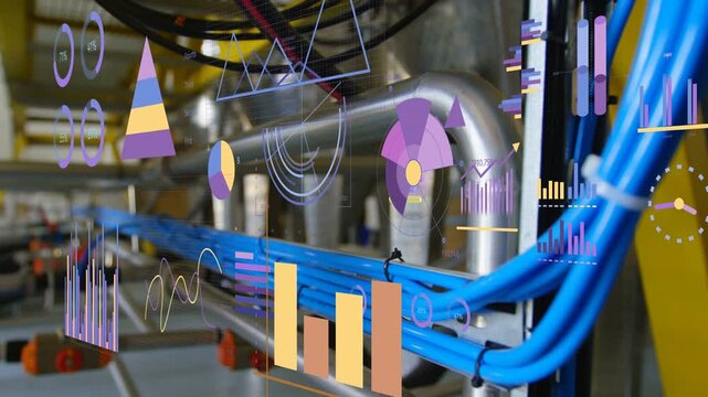Camera panning right, bright blue data cables sliding toward edge with AR charts mapping live data