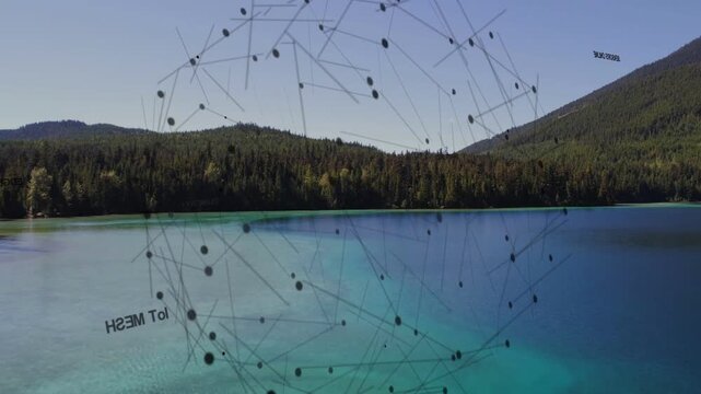 Geometric network appearing above turquoise lake, growing into spherical globe visualizing data