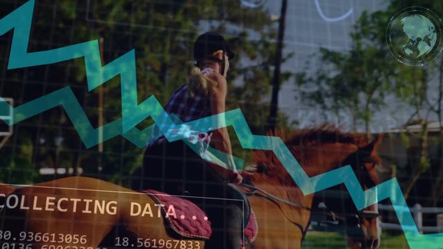 Female rider trotting past fence, HUD overlay logging telemetry, teal chart sweeping across paddock