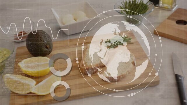 Globe fading in, HUD rings and charts animating over cutting board, visualizing ingredient data