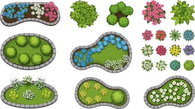 Landscape design elements garden flower beds and bushes top down view vector illustration set for architectural planning isolated on white