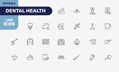 dental health icon set with partial denture, headlamp, male nurse, dental care signs in flat outline style © Abstract