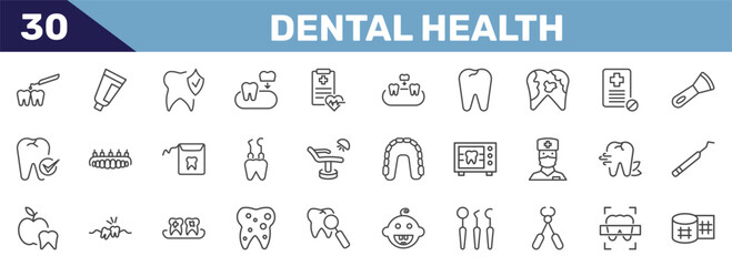 dental health icon set with interproximal, toothpaste tube, prophylaxis, gauze signs in flat outline style © Abstract