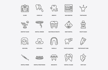 dental health icon set with clinic, check up, breath, sick girl signs in flat outline style © Abstract