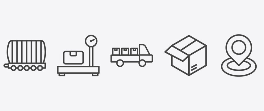 delivery and logistics icon set with delivery weighing, cargo, parcel, tracking signs in flat outline style