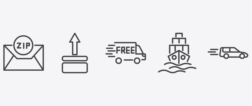 delivery and logistics icon set with side up, free delivery, logistic ship, delivery by car signs in flat outline style