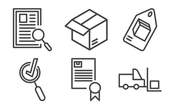 delivery and logistics icon set with waybill, parcel, inspection, forklift signs in flat outline style