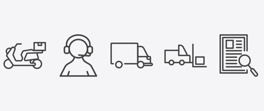 delivery and logistics icon set with support, transportation, forklift, waybill signs in flat outline style