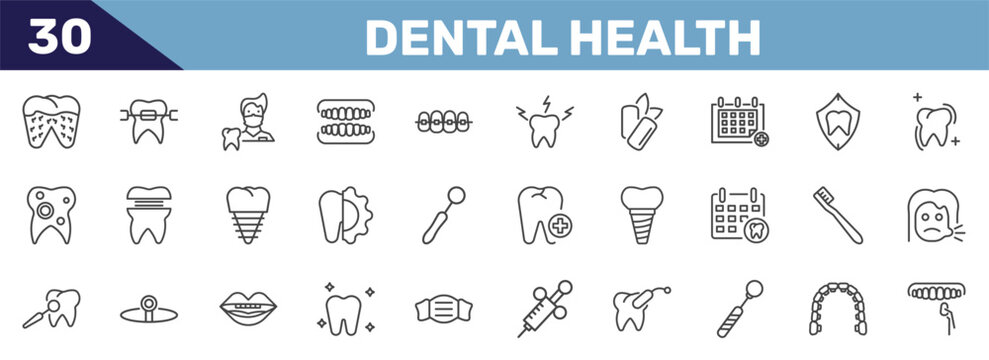 dental health icon set with bacteria in mouth, brackets, dentist, dental veneer signs in flat outline style