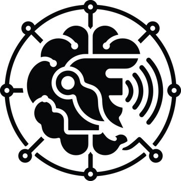A circular line art icon representing a digital brain with connection nodes and radio signal waves for artificial intelligence technology concepts