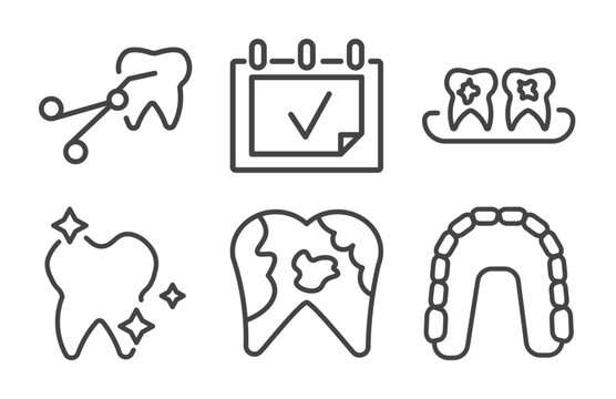 dental health icon set with tooth extraction, examination, shiny tooth, maxilla signs in flat outline style