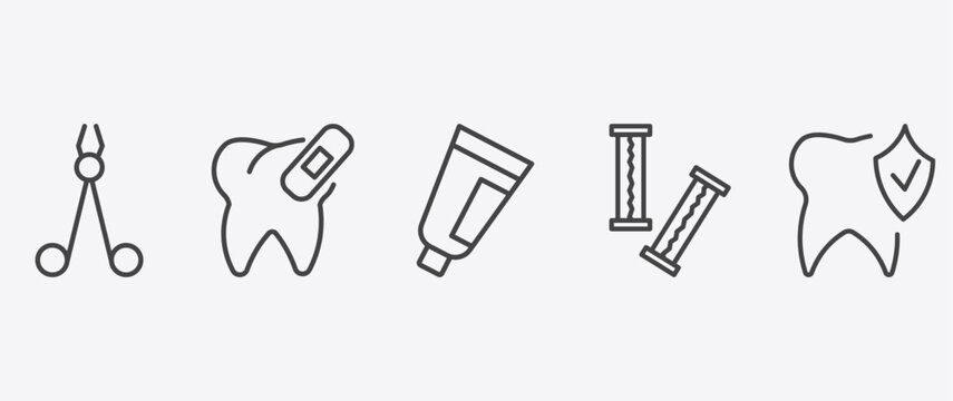 dental health icon set with damaged tooth, toothpaste tube, chewing gum, prophylaxis signs in flat outline style