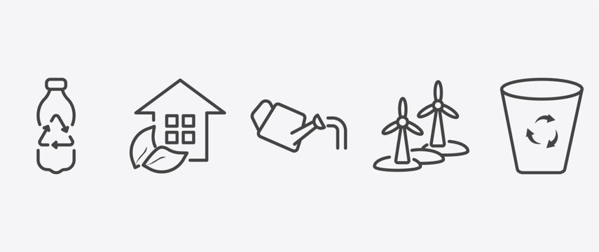ecology icon set with eco house, watering can, wind mill, recycle bin signs in flat outline style