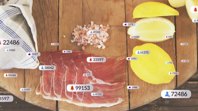 On alert arrival round wooden board receiving floating tags, meat shifting off to highlight salt