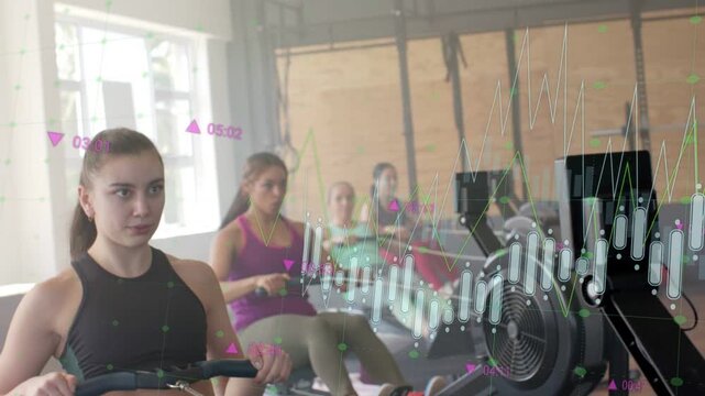Main female rower initiating strokes in gym, guiding group while animated charts tracking metrics