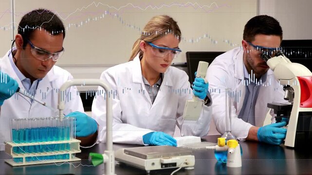 Lab team starting assay left pipetting dispensing right tuning scope with waves not changing work