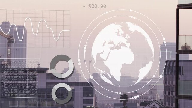 Faint globe appearing, globe HUD animating rings and nodes, charts sliding, visualizing city data