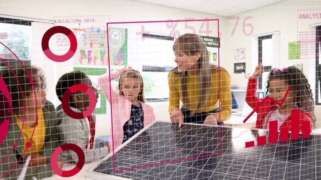 Teacher leaning on solar panel, teaching students, red globe and grid forming charts over group