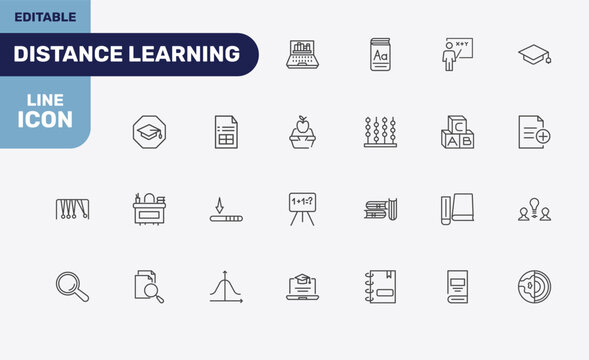 distance learning icon set with online library, vocabulary, teach, geology signs in flat outline style