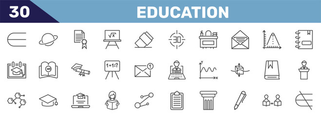 education icon set with is an element of, planet saturn, qualification, is not an element of signs in flat outline style © Abstract