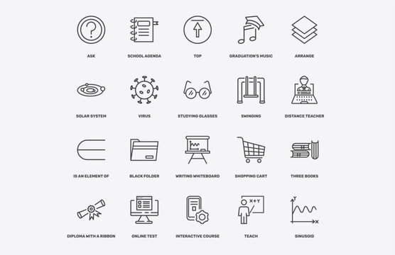 education icon set with ask, school agenda, top, is an element of signs in flat outline style