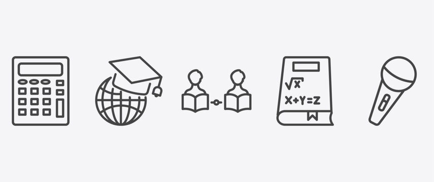 education icon set with international graduate, asynchronous learning, math book, microphone with stand signs in flat outline style