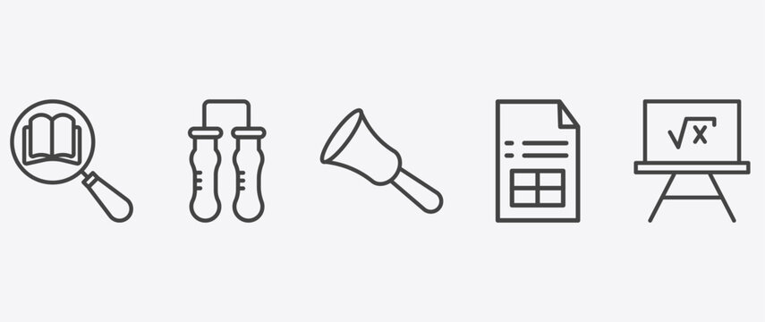 education icon set with communicating vessels, hand bell, sheet, square root in class signs in flat outline style