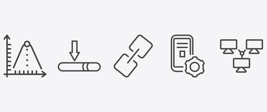 education and science icon set with window scrolling medium, links, interactive course, computer and network signs in flat outline style