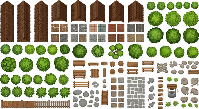 Top down game assets collection featuring roofs trees bushes benches stones and tiles in vector illustration format