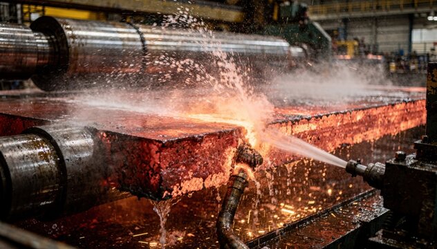 Dynamic medium shot capturing edge spray nozzles on rotating mill descaler blasting scale off redhot slabs ensuring smooth metal finishing process.