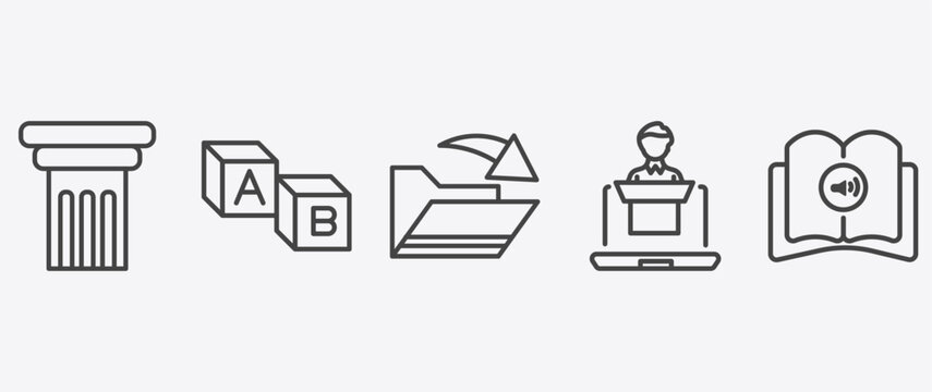 education and science icon set with creche, open file, online coaching, audiobook signs in flat outline style