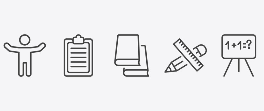 education icon set with written clipboard, library books, school supplies, math class signs in flat outline style